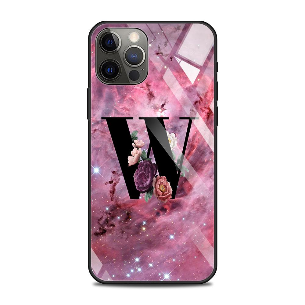 Чехол из закаленного стекла для iPhone 14 12 11 Pro Max 13 12 Mini X XR XS Max 8 7 6s Plus силиконовый чехол с надписью AB цветы розовый