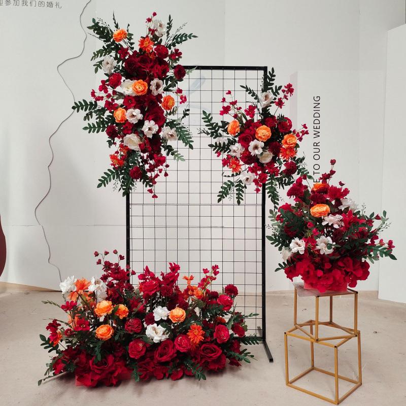 Red Floral Wedding Stage Backdrop with Artificial Flower Rows