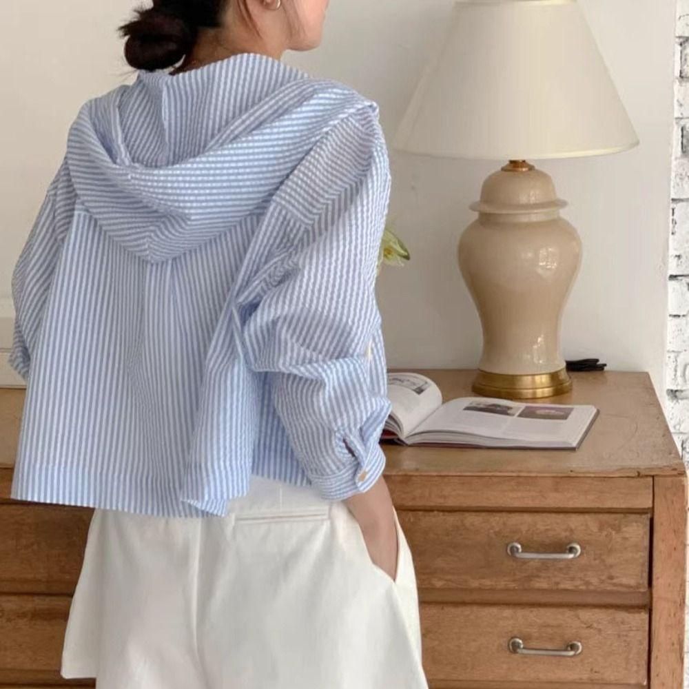 Ретро Полосатая Толстовка с Капюшоном Солнцезащитные Толстовки для Женщин Стильная Рубашка с Длинным Рукавом Осень