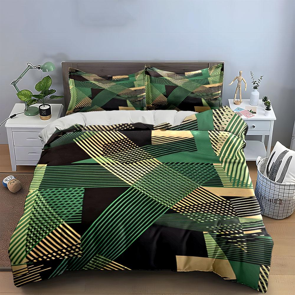 Green and gold stripes. Bedding sets Duvet cover sets Duvet covers Pillowcases(1*Duvet Cover 2*Pillowcases without duvet insert)