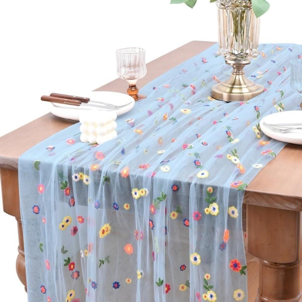 Colorful Flower Lace Tulle Runner Embroidery Daisy Floral Table Cover for Bridal Shower