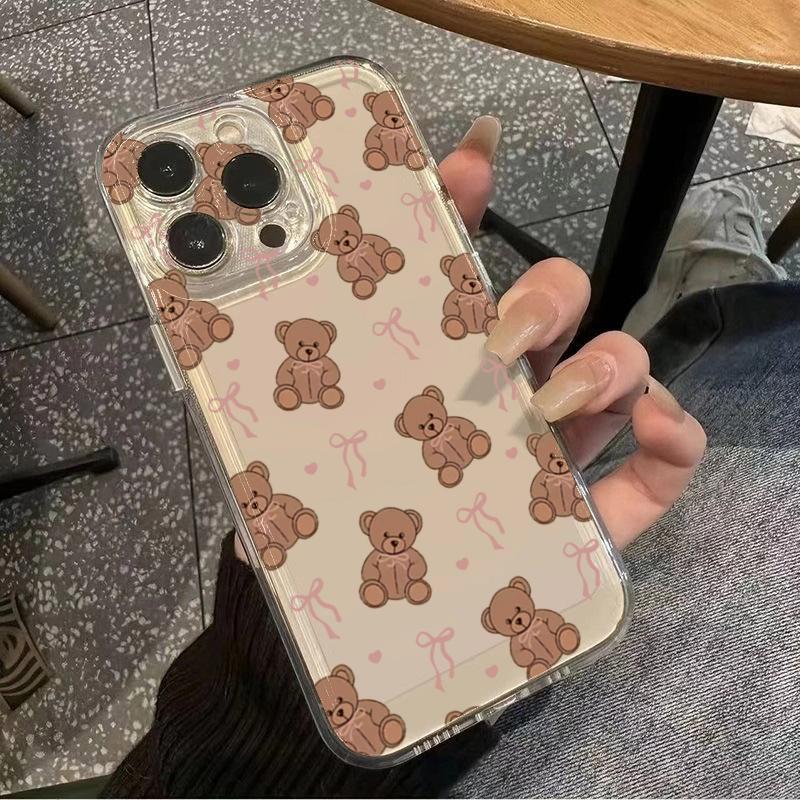 Cute Teddy Bear with Bow Pattern Phone Case for iPhone 17 16 15 14 13 12 11 16E Series Pro Max Plus Double Layer Protection