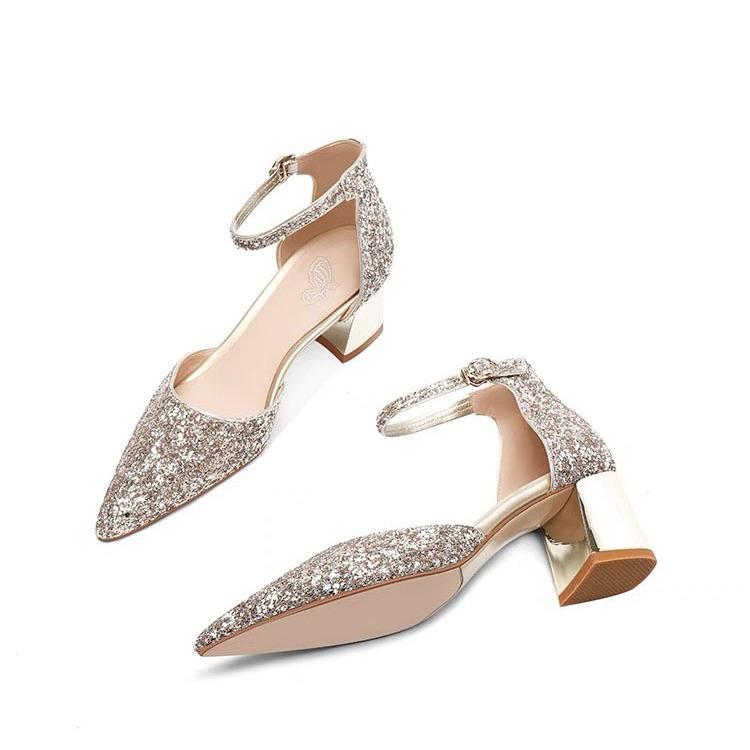 Туфли шампанского цвета на толстом каблуке с высоким каблуком, женские, новинка 2024 года, со стразами и пайетками, с полым ремешком и одним словом, сандалии-мешки на среднем каблуке