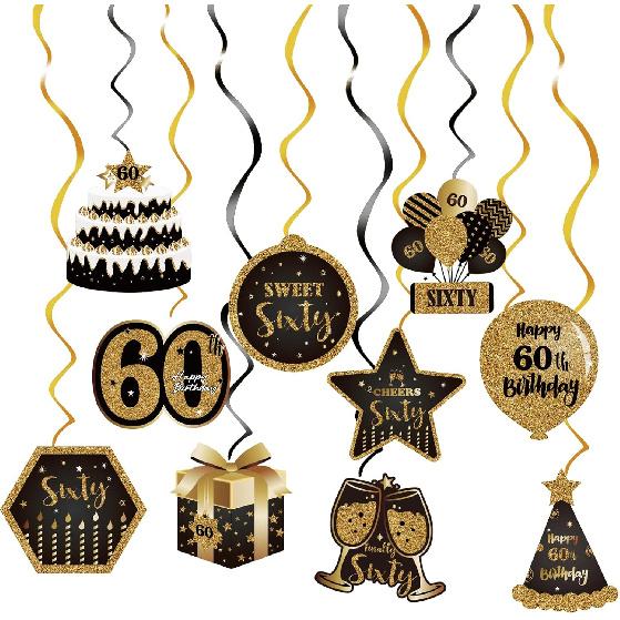 Happy 60th Birthday Hanging Swirls Streams Ceiling Decorations,Celebration Old Black and Gold Birthday Party Decorations Supplies 60 Foil Hanging