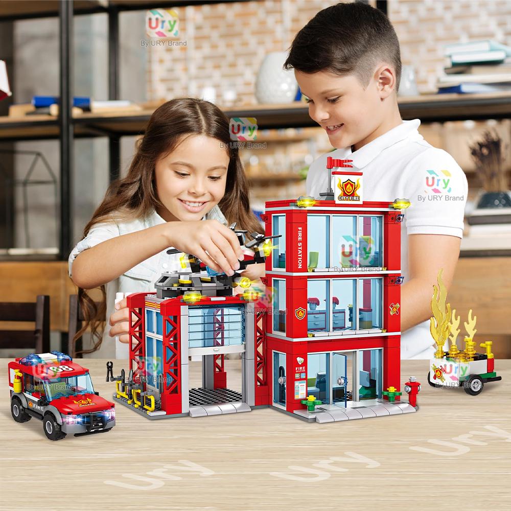 City Fire Station Ladder Truck Helicopter Car Rescue Boat Firefighter Figure Aircraft Model Moc Building Blocks Toy For Boy Gift
