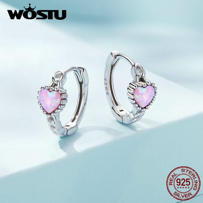 WOSTU 925 Sterling Silver Classical Heart Shape Pink Opal Hoop Earrings Bear Clover Studs Buckles With CZ Wedding Women Jewelry