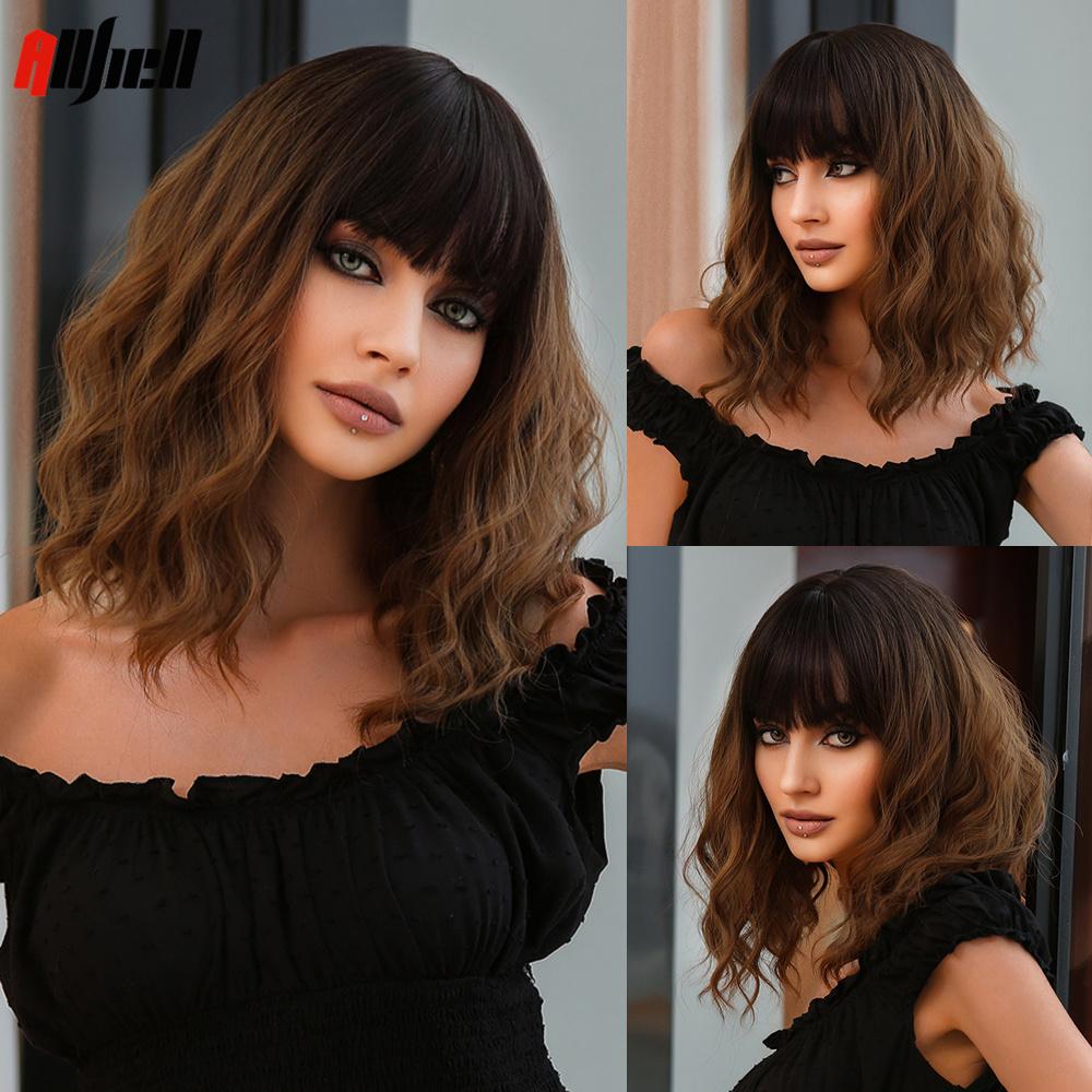 Bob Wavy Synthetic Wigs With Bangs for Women Blonde Ombre Medium Length Water Wave Wig Heat Resistant Fiber Hair Party Cosplay