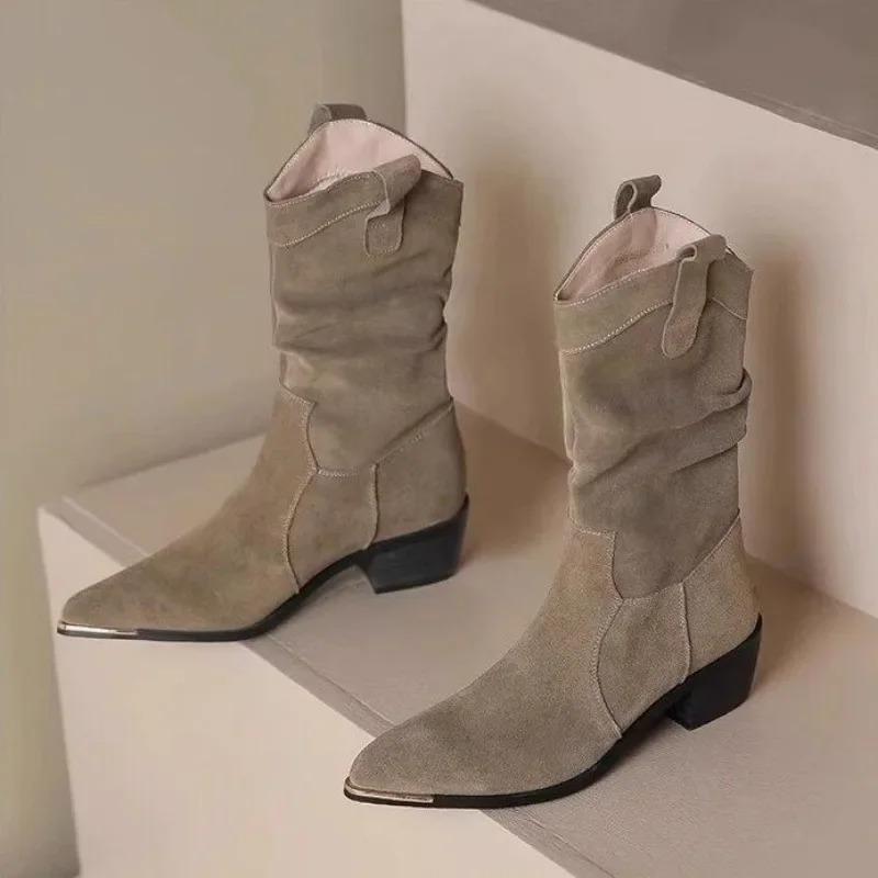 Autumn Winter Classic Chelsea Boots for Woman Suede Pointy Toe Wedge Heel Ankle Boots Simple Comfortable Cowboy Botas Female