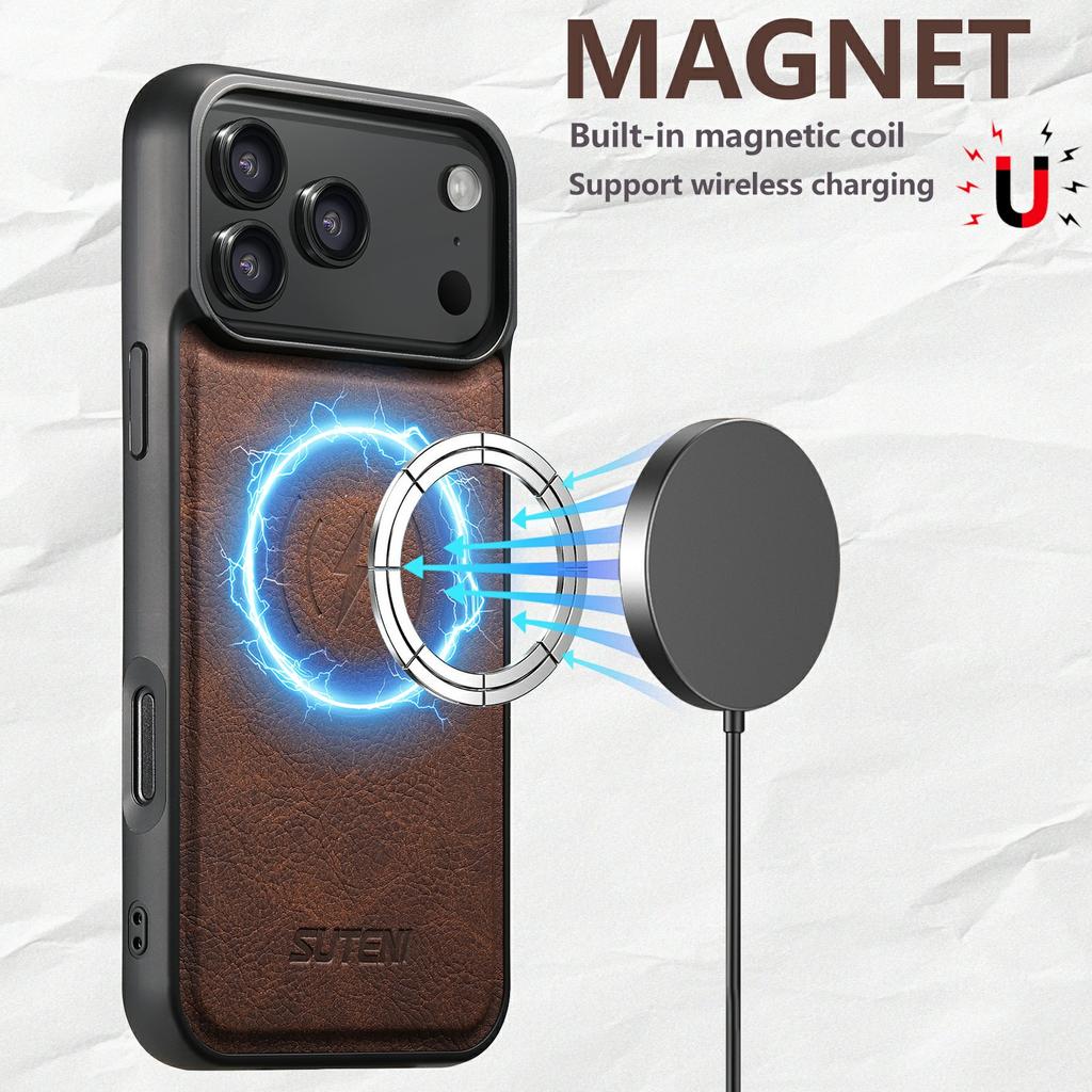 SUTENI G5 Чехол для iPhone 17 Pro Max, совместимый с MagSafe, кожаная задняя крышка с текстурой личи