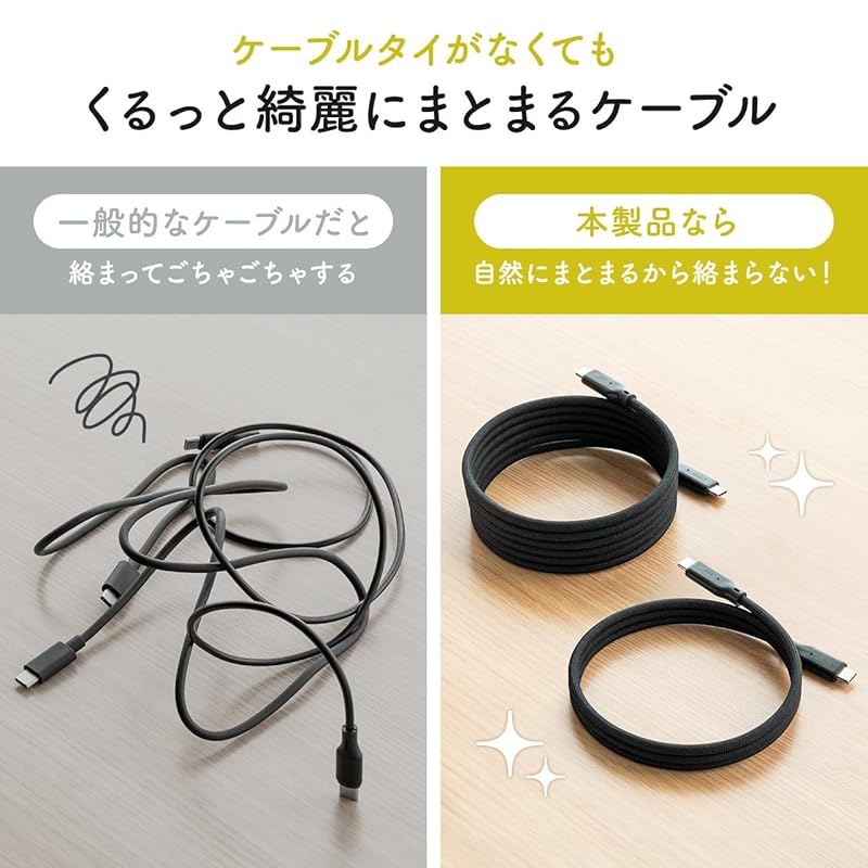 Кабель Sanwa Direct USB-C, совместимый с быстрой зарядкой, спиральный кабель PD240W, магнит, передача данных 480 Мбит/с, сетчатый кабель CtoC, 2 м, черный 500-USB088-2BK