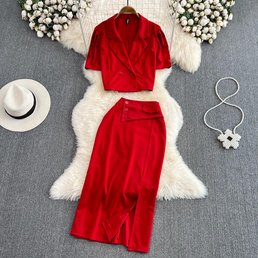 Женский костюм в стиле ретро с лацканами, свободная короткая куртка с пышными рукавами, юбка из двух частей с высокой талией и разрезом