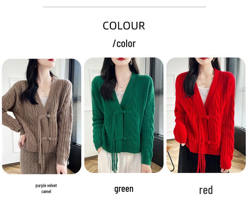 Autumn Women's V-neck Frog Button Wool Cardigan - Chinese Style Knitwear Jacket