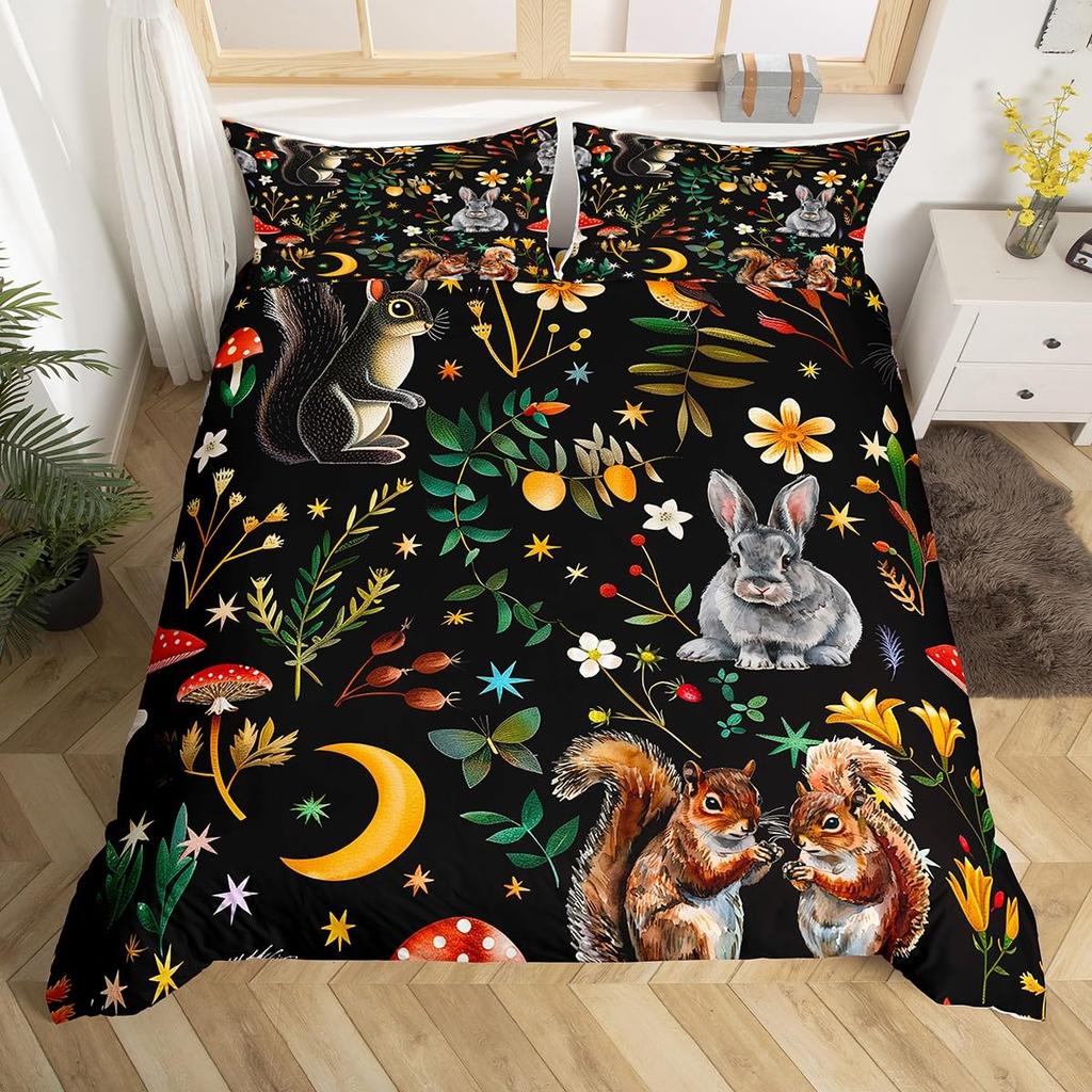 Lovely Squirrel Duvet Cover Cartoon Animal Starry Sky Moon Universe Blue Cloud Bedding Set Watercolor Painted Art Quilt Cover