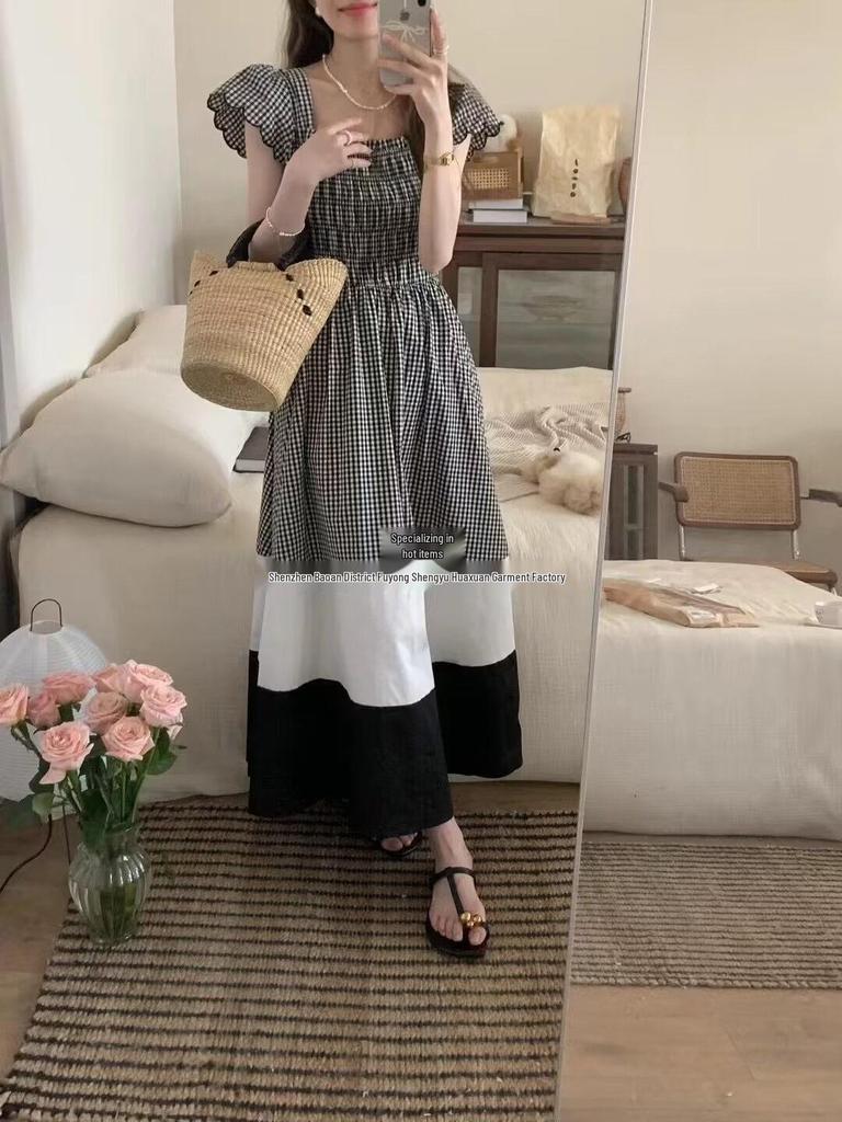 Women's Summer 2023 Plaid A-Line Dress with Contrast Color and Short Flutter Sleeves