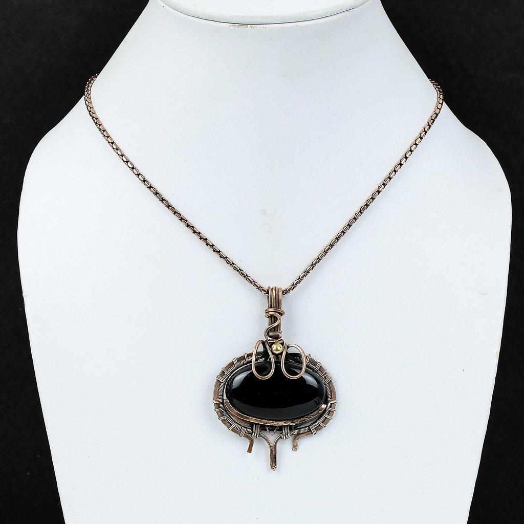 Черный драгоценный камень оникс чистая медная проволока обернутая ювелирные изделия ручной работы кулон