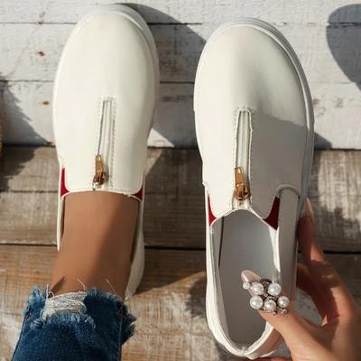 Новый стиль женские кроссовки на молнии спереди низкие парусиновые туфли однотонные с круглым носком нескользящие повседневные слипоны лоферы большие размеры 36-43