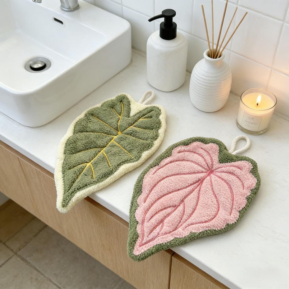 2Pcs Cute Leaf-Shaped Hand Towels - Soft Coral Fleece Absorbent Hanging Hand Towels Tropical Plant Design Decorative Finger Towels Suitable For