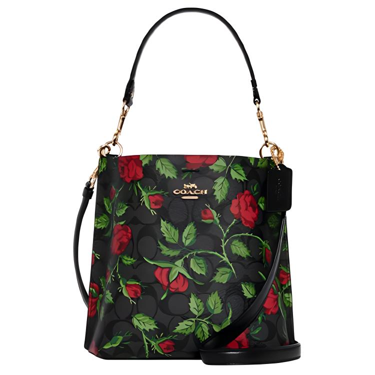 Coach Mollie Classic Monogram Buckle Closure Fairy Tale Rose Print Bucket Bag Women Shoulder Bag Black CC876-IMUQ4