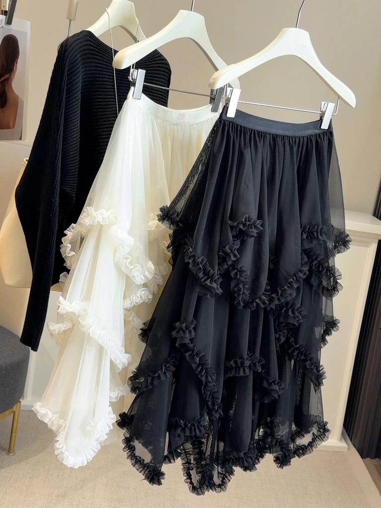 Многослойная кружевная и сетчатая юбка А-силуэта для женщин - Легкая, воздушная и идеальная для ранней весны.