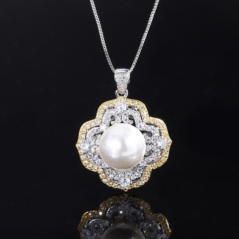 Ювелирные изделия с инкрустацией золотом, белыми бусинами, гальваническое покрытие с разделением цветов светло-золотистого цвета, модная инкрустация бриллиантами, колье-подвеска 14 мм