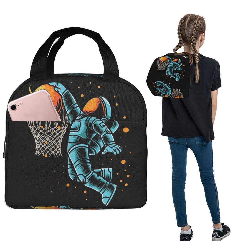 Astronaut Playing Basketball In Space Insulated Lunch Bag for Women Children Portable Food Boxes Thermal Lunch Box Tote