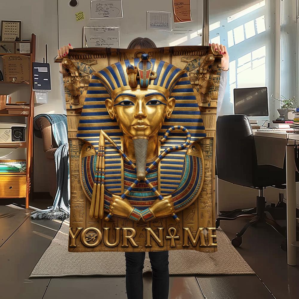 1PC Custom Name Golden Egyptian Pharaoh Patterned Flannel Blanket Suitable For All Seasons for Home Decor Warmth and Comfort Gifts Holiday Present_lx