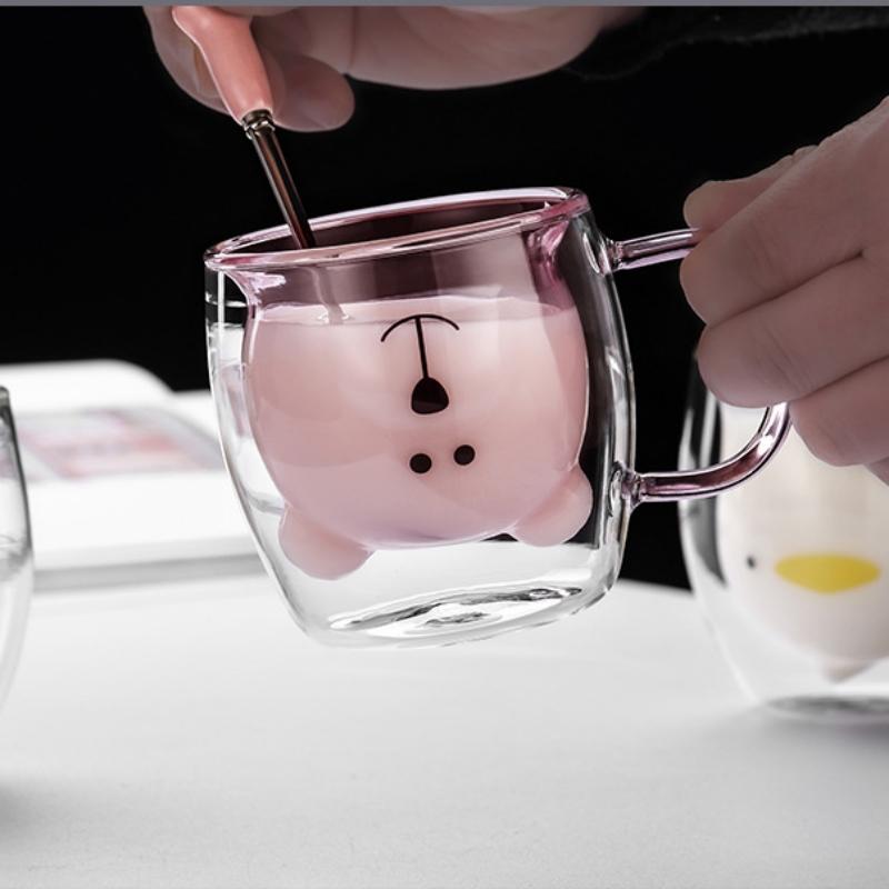 Креативная двухслойная кофейная кружка с милым медведем, двойная стеклянная чашка, картонная чашка для молока с изображением животных, женская милая кошка, утка, собака, подарок, Рождественский подарок