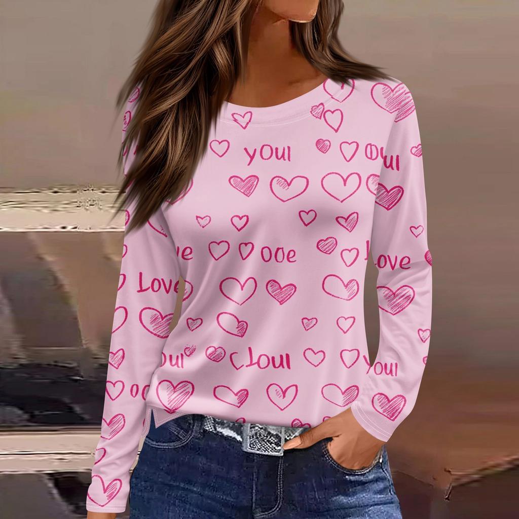 Women's Fashion Valentine's Day Printed Round Neck Casual Long Sleeve Top