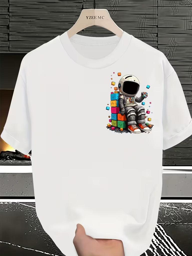 Astronaut and Building Block Fusion Design Elements Short-sleeved T-shirt Print