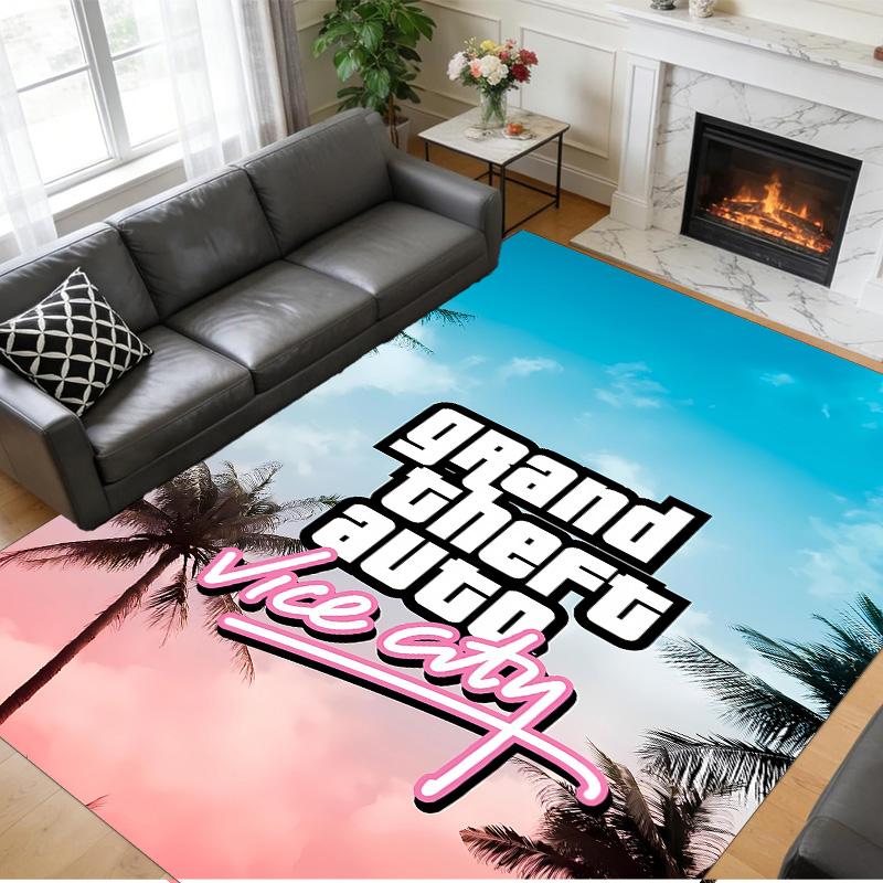 Anti‑Slip Crystal Velvet Floor Rug, Grand Theft Auto Design Carpet for Indoor Living Bedroom Home Decoration