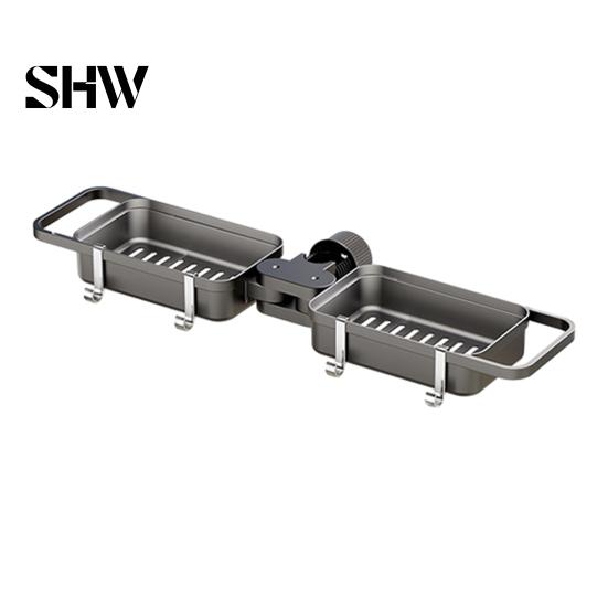 No Drill Sink Organizer Kitchen Faucet Double Storage Rack, Adjustable Partitioned Space Saving Multifunctional Drain Sponge Holder, Quick Install for