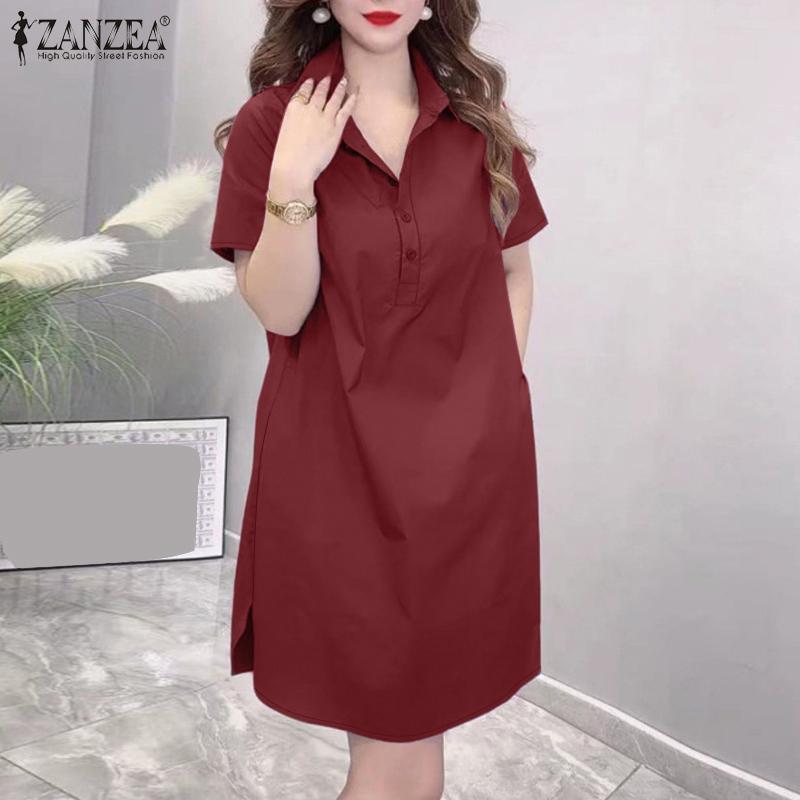 ZANZEA Женское повседневное однотонное платье с коротким рукавом и отложным воротником