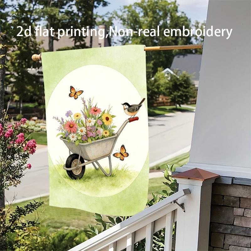 2D Flat, 1pc, 2D Flat Printing, Garden Flag with Butterfly, Flowers, Grass, and Small Bird Pattern, 2D Flat Printing, Polyester Material, Multiple Siz