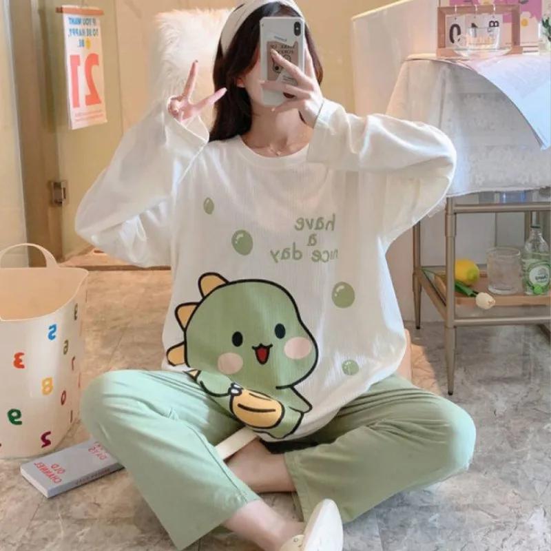 Комплект пижамы для женщин большого размера Весна и Осень Холодное время года Пижама для девочек Мультяшная Повседневные брюки С длинным рукавом Одежда для дома Пижама Женская