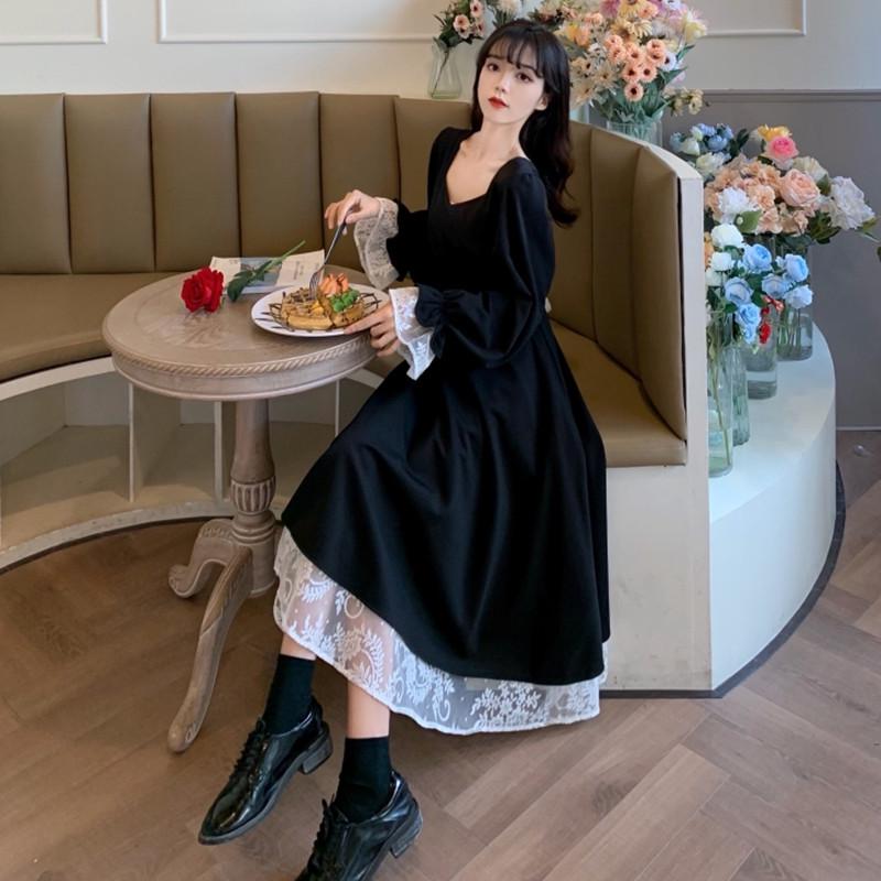 Женское платье с кружевными рукавами-фонариками и бантом на талии, весна-осень 2025 г.