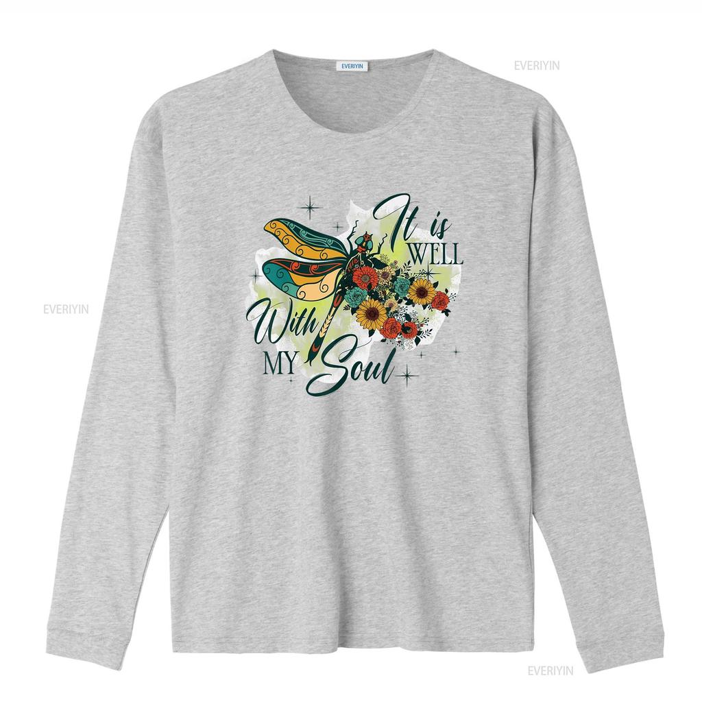 It is Well with My Soul Dragonfly Flowers Womens Summer Tops T Shirt White vintage Washed Soft Top For Everyday Wear Stretched
