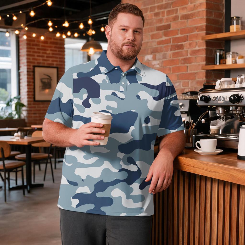 Men's Big Size Camouflage Print Golf Shirt Breathable Short Sleeve Polo Shirt Suitable for Casual Workwear Tops