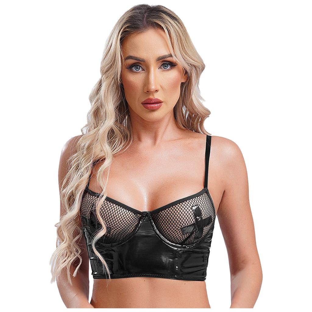 Womens Mesh Underwire Push Up Bra Balconette Bustier Wet Look Crop Top Back Zipper Lingerie