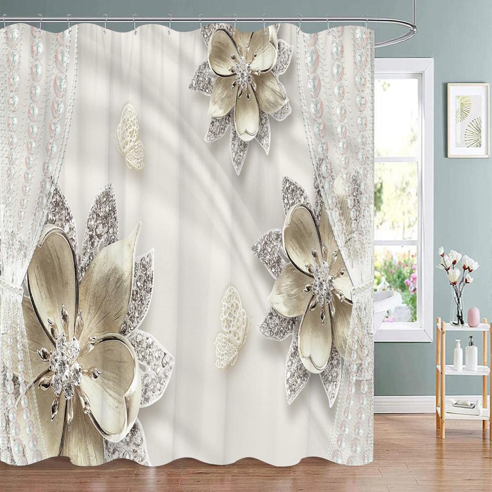 Elegant and Fashionable Fantasy Pearls and Diamonds Bouquet Shower Curtains 3D Style Relief Sculpture Bath Curtain Bathroom Deco