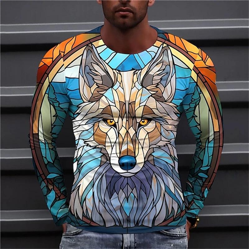 Мужская футболка с длинным рукавом Тигр Лев Животное 3D-принт Уличные топы Градиентный узор Повседневный Длинный рукав Круглый вырез Оверсайз Топы