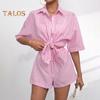 Women's Summer Two Piece Set Striped Button Down Short Sleeve Shirt Drawstring Shorts Set Casual Lounge Outfit