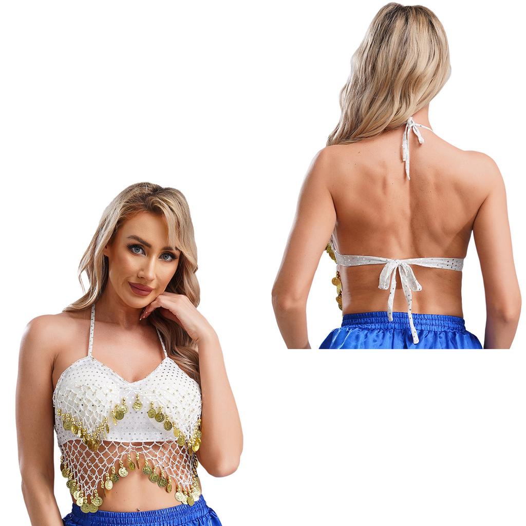 Женский бюстгальтер-топ для танца живота с бретельками через шею, сетка из пайеток, пластиковые бусины, четкие кисточки, шнуровка, укороченный топ для танцев, костюм для выступлений