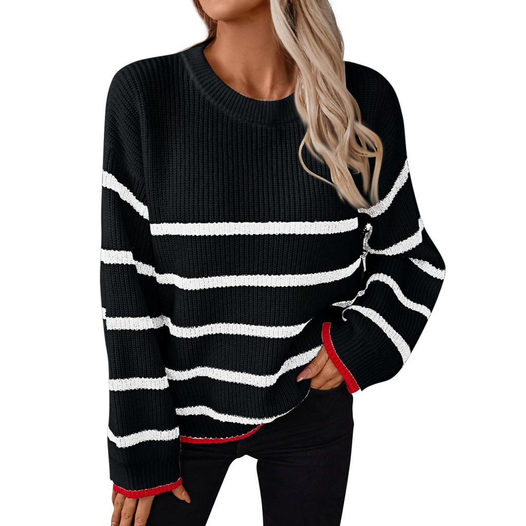 Женская повседневная мода с круглым вырезом и длинными рукавами, вязаный свитер с принтом, топ