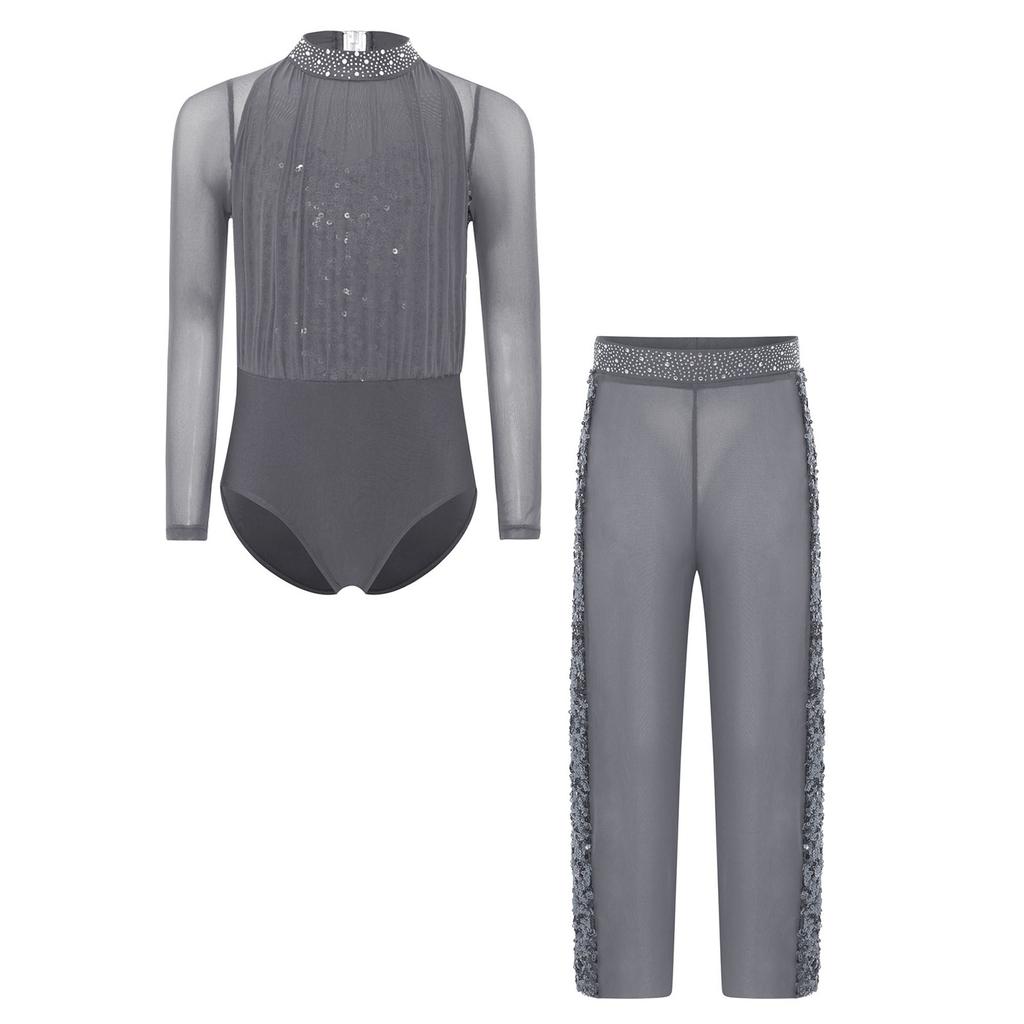 Костюм для фигурного катания для девочек, блестящий, со стразами, сетчатый, с длинным рукавом, трико, эластичный пояс, брюки с широкими штанинами