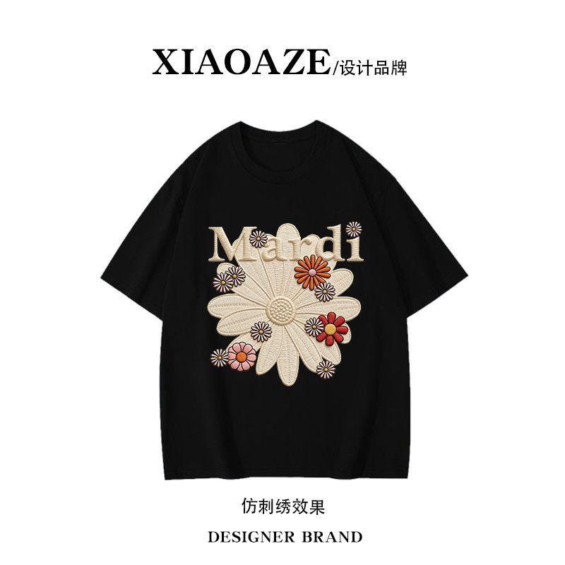 220g Cotton T-Shirt Men Women Loose Fit Floral Print Vintage Style Short Sleeve Casual Top
