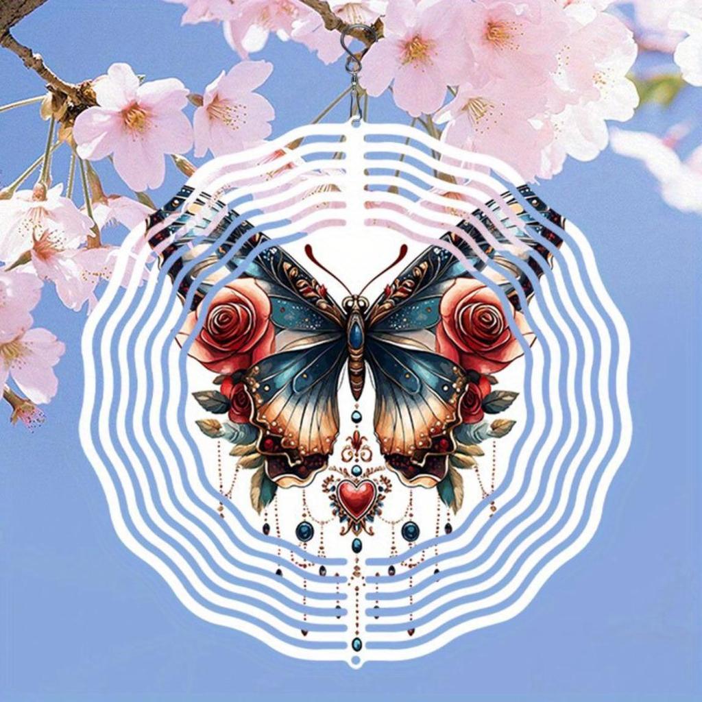 Металлический колокольчик ветра «Роза и бабочка», декор для сада на открытом воздухе с 3D-динамическим искусством, вращающиеся на 360° крючки, работающий от ветра для патио, двора или праздничного украшения