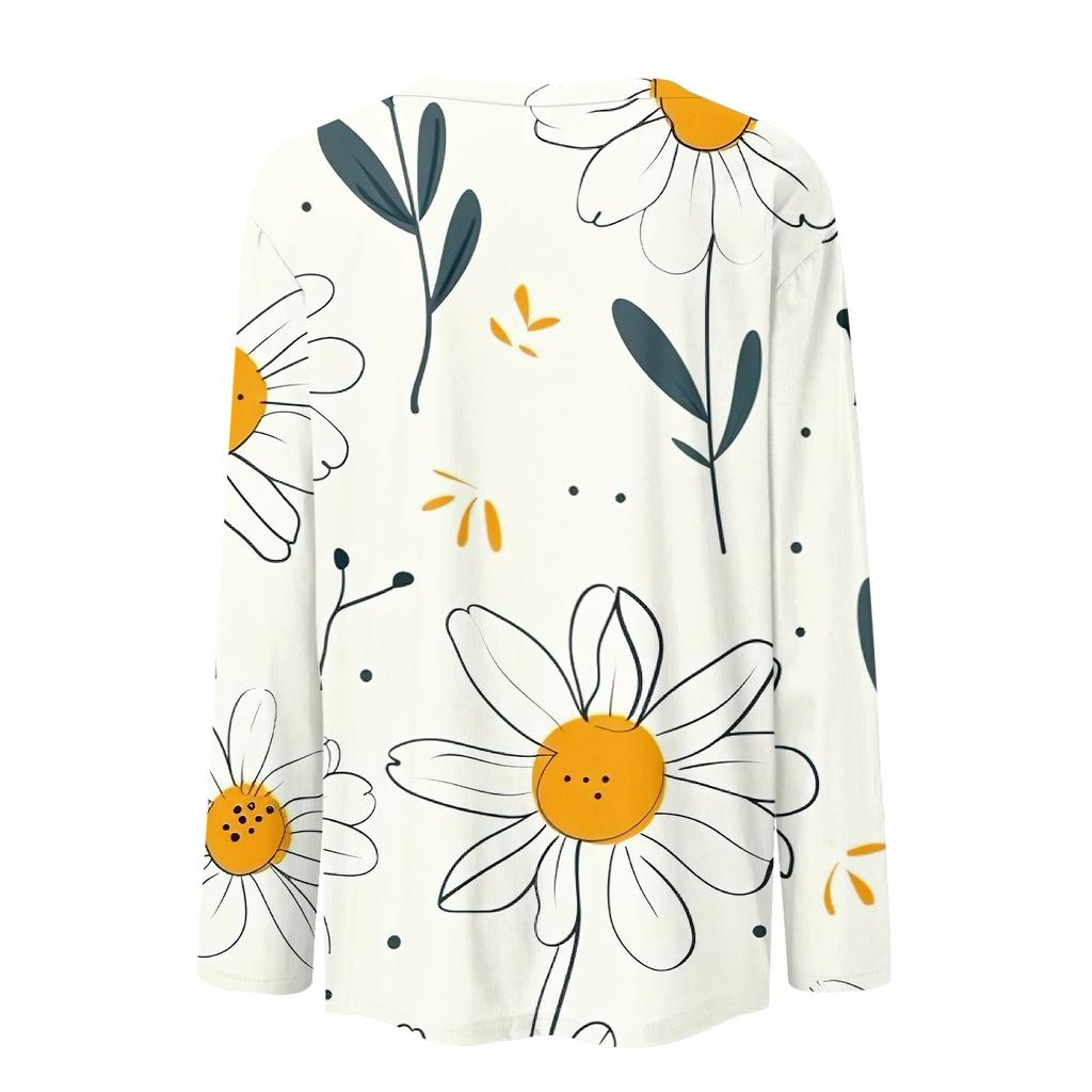 Женская мода повседневный топ с длинным рукавом с цветочным принтом и круглым вырезом