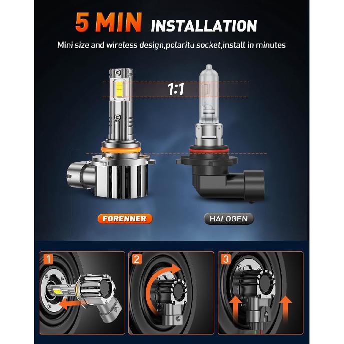 Forenner 9006 9005 Light Bulbs Combo, Ultra Brightness 6500K Cool White, 9005/HB3+9006/HB4 Fog Light Bulbs, 1:1 Size Front Fog Lamps, Play-N-Plug,