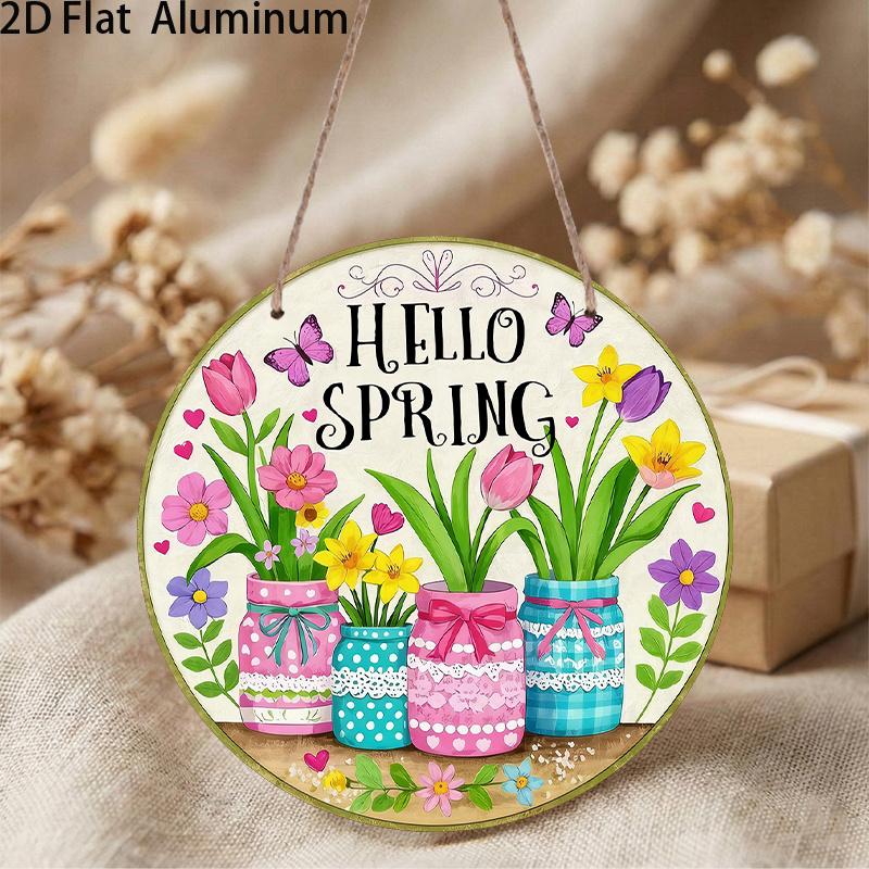 2D Flat Aluminum Hello Spring Door Sign for Front Door, Round Hanging Plaque with Mason Jar & Tulip Flower Design, Rustic Farmhouse Porch Wall Decor