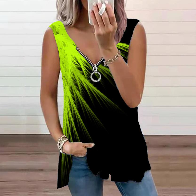 Женский топ, летний новый модный зеленый соломенный принт, повседневный топ без рукавов на молнии с v-образным вырезом, майка на бретелях